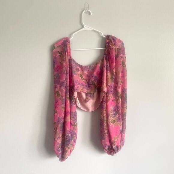 For Love & Lemons Trisha Crop Top Pink Multicolor Sweetheart Puff Sleeves Medium - Picture 6 of 9
